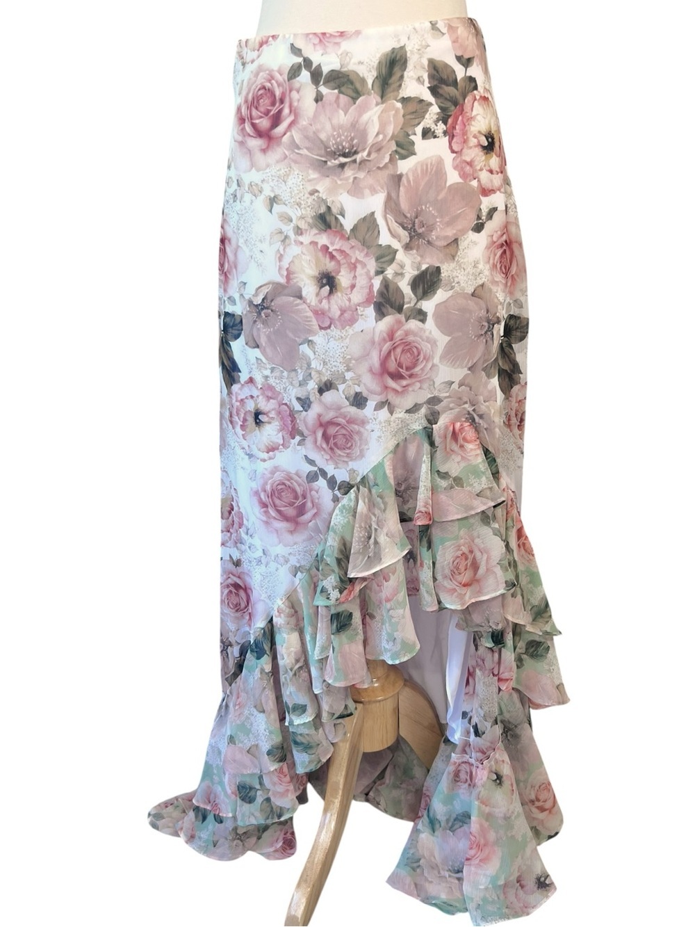 Alice + Olivia Braylee Asymmetric Floral Rose Ruffle Slip Midi Skirt